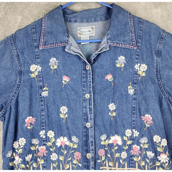 Carrie Allen Shirt Womens Large Blue Denim Floral Embroidered Casual Button Up - Picture 6 of 10